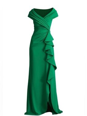 Tadashi Shoji Off-Shoulder Emerald Green Ruffle Maxi Dress
